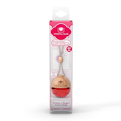 CRISTALINAS Ambientador y Absorbe OLOR esférico para coche. Aroma a LIMPIO. Mas de 2 meses de duración. 0% Alcohol. Doble sujeción: PINZA + COLGANTE