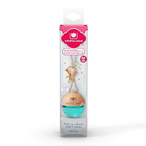 CRISTALINAS Ambientador y Absorbe OLOR esférico para coche. Aroma BEBE Y COLONIA. Mas de 2 meses de duración. 0% Alcohol. Doble sujeción: PINZA + COLGANTE