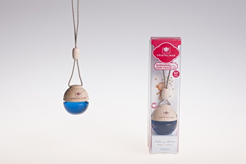 CRISTALINAS Ambientador y Absorbe OLOR esférico para coche. Aroma BEBE Y COLONIA. Mas de 2 meses de duración. 0% Alcohol. Doble sujeción: PINZA + COLGANTE