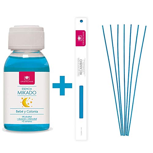 CRISTALINAS. Pack Recambio Natural Wood + Varillas Ratan. 0% Alcohol. Mas de 12 semanas de duración. 100ml. Aroma (Bebe y Colonia, 100 ml + Pack Varillas)