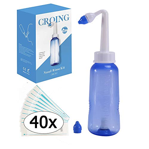CROING - Botella de 300 ml + 40 paquetes de sal - Neti Pot, Botella de lavado nasal Yoga Nasal Botella Nariz Limpiador Botella Rhinitis alérgica Tratamiento