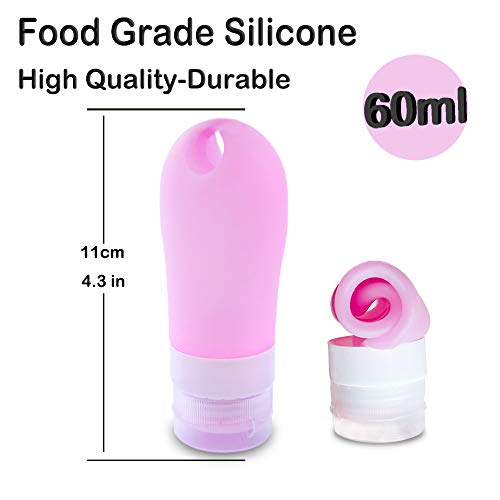 CTlife - Botellas de viaje, 4 unidades de 60 ml de silicona reciclable portátil desinfectante de manos con mosquetón y bolsa de transporte para artículos de tocador