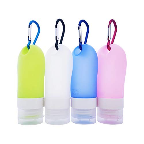 CTlife - Botellas de viaje, 4 unidades de 60 ml de silicona reciclable portátil desinfectante de manos con mosquetón y bolsa de transporte para artículos de tocador