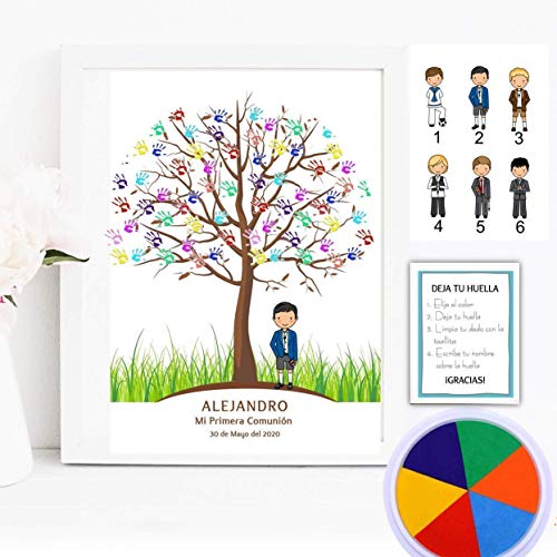 Cuadro de árbol de huellas con niño de comunión. Varios tamaños y colores de marco.Tintas e instrucciones incluidas. MODELO SIXTY
