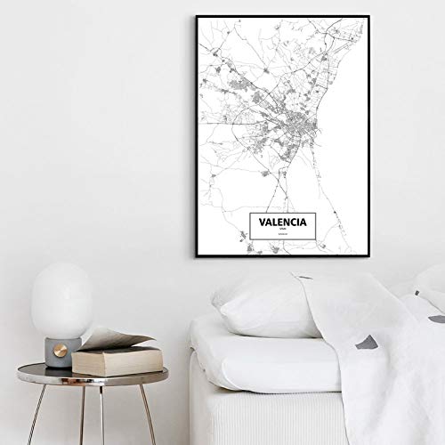 Cuadro En Lienzo,Valencia Negro Blanco Mundo Custom Mapa Póster Imágenes Impresión Sobre Lienzo Estilo Nórdico De Arte De Pared De Lienzos Para La Decoración Del Hogar Sin Marco,12X16 Pulgadas (3