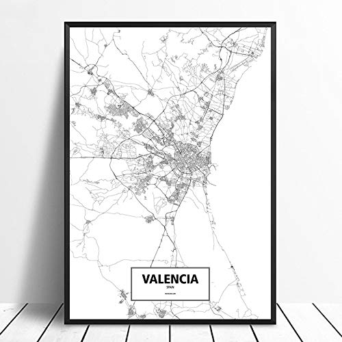 Cuadro En Lienzo,Valencia Negro Blanco Mundo Custom Mapa Póster Imágenes Impresión Sobre Lienzo Estilo Nórdico De Arte De Pared De Lienzos Para La Decoración Del Hogar Sin Marco,12X16 Pulgadas (3