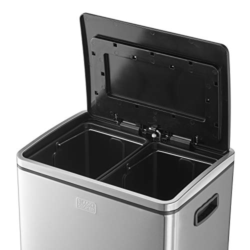 Cubo de reciclaje doble de 40 l BLACK+DECKER BXBN0003GB con tapa de cierre suave, acero inoxidable, 60 cm x 39,5 cm x 34 cm, gris frío