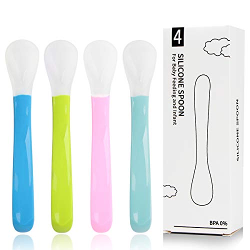 Cucharas Bebé, 7 stars 4 Piezas Cucharillas de Bebé de Siliconas Suaves, Cucharas de Alimentación para Bebé, Cuchillerías Antideslizante Ergonómicas a Niños Apartir de 4 Meses Set de Cucharas