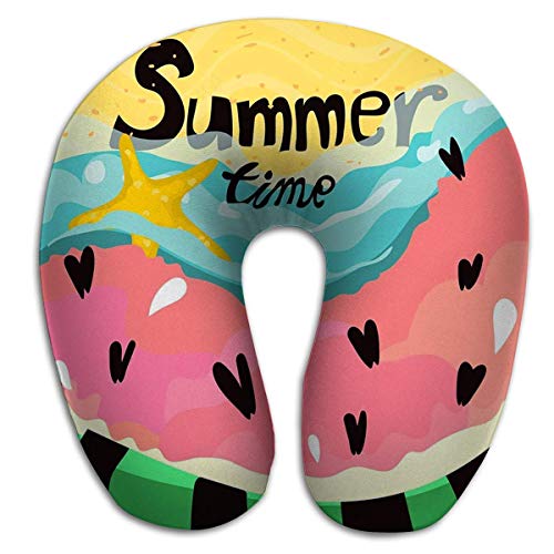 Cuello Redondo en Forma de U Cabeza Almohada de Viaje Deliciosa sandía Rebanada Corazones Semillas Playa Horario de Verano Dibujos Animados Azul Ola mar Espuma Arena Estrella Rotulación