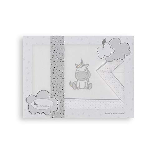 Cuna Moonet Premiun con Colchón, Sábanas de Cuna Unicornio Gris y REGALO Lámpara Estrella