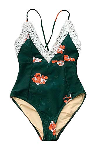 Cupsge Tankini para mujer S Moonlight Shadow Lace One Piece Tankinu Tankinis Cup, traje de baño Tankinis Cuello y Shirring Floral patrones Traje de baño alto Cupshr bajo Tankinu para mujer