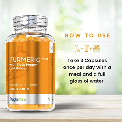 Cúrcuma con Jengibre y Pimienta Negra de 1500 mg - Potente Antiinflamatorio y Antioxidante, Mejora Circulación, Sistema Inmunológico y Articulaciones, Con Curcumina y Bioperine, 180 Cápsulas