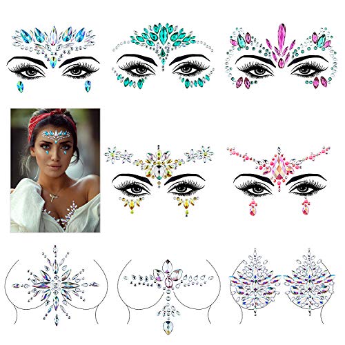Czemo® 8 Juegos Pegatinas Cara Joyas Sirena Cara Gems Pegatinas Festival, Maquillaje Facial Joyas Cristales Cuerpo del Rhinestone de la Muchacha Pegatinas Adhesivos Gems (Pattern 2)
