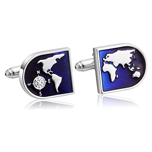 Daesar Gemelos Camisas Gemelos Camisa de Acero Inoxidable Hombre Mapa del Mundo con Brújula Azul