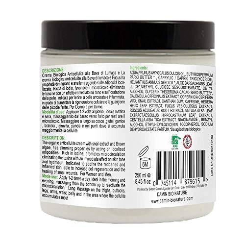 Damin Bio Nature - Crema Corporal Hidratante Natural con Baba de Caracol Cacao y Café - Sin Alcohol Organica Tratamiento Anticelulítica Reafirmante Mujer 250ml