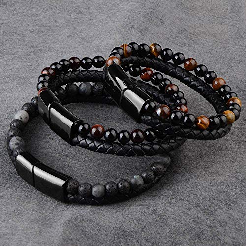 DASHUAIGE Pulsera Moda Hombre Joyería Pulsera De Cuero De Piedra Natural Negro Acero Inoxidable Cierre Magnético Pulsera De Cuentas De Ojo De Tigre Hombres