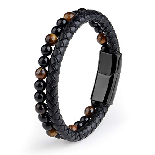 DASHUAIGE Pulsera Moda Hombre Joyería Pulsera De Cuero De Piedra Natural Negro Acero Inoxidable Cierre Magnético Pulsera De Cuentas De Ojo De Tigre Hombres