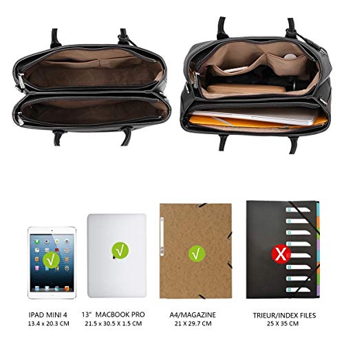 David Jones - Bolso de Mano Grande Mujer - Shopper Tote Bag Señora Trabajo Negocios Cuero Genuino PU - Bolsos Hombro Bandolera Piel Múltiples Bolsillos - Maletín Satchel Oficina Elegante - Negro