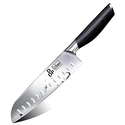 DDF iohEF Cuchillo de Cocina, Cuchillo de Cocinero Santoku Profesional 18cm Acero Inoxidable Alemán Hoja Mango Ergonómico para Vegetales, Frutas, Carne, La Cocinas y Restaurantes Caja de Regalo