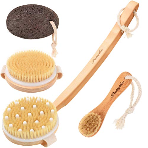 de cepillo seco Kit 4PCS,Pretty See Exfoliación Cepillo de masaje corporal,Cepillo facial, piedra pómez para eliminar la piel muerta,reducir la celulitis