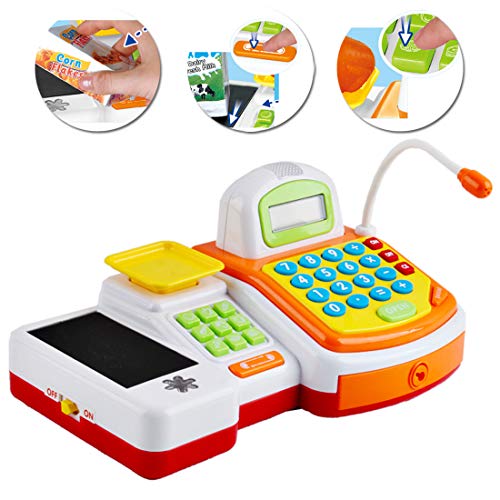 deAO Caja Registradora Electrónica de Juguete con Micrófono, Cinta y Lector de Tarjetas Conjunto de Accesorios de Tienda y Supermercado Infantil Incluye Alimentos de Juguete (Amarilla)