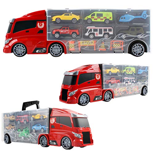 deAO Camión Transportador Maletín Portacoches Conjunto Playset Incluye Surtido Total de 10 Vehiculos y Accesorios