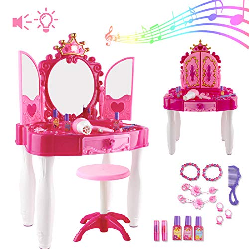 deAO Centro de Belleza Mesita Glamurosa Infantil Tocador de Maquillaje con Espejo, Taburete y Accesorios Incluidos Luces y Sonidos
