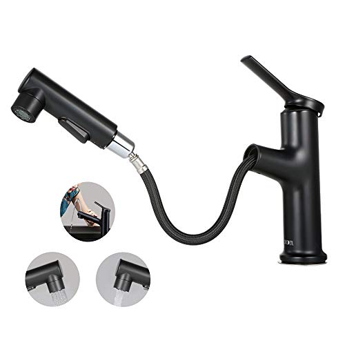 Decdeal Grifos de Cocina/Baño Extraíbles con 3 Modos de Rociado Grifo Giratorio de 360 ° con Arco Alto de una Sola Manija Mezclador de Agua Fría y Caliente Grifo de Agua (Black)