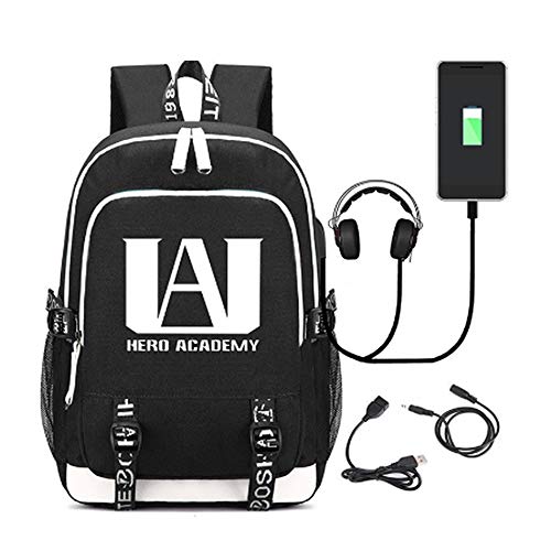 Deeumy Unisex My Hero Academia Anime Mochila Luminous Backpack, Escolar Estudiantes Mochila para Portátil Backpack Bolsa Casual con Puerto de Carga USB (Negro)