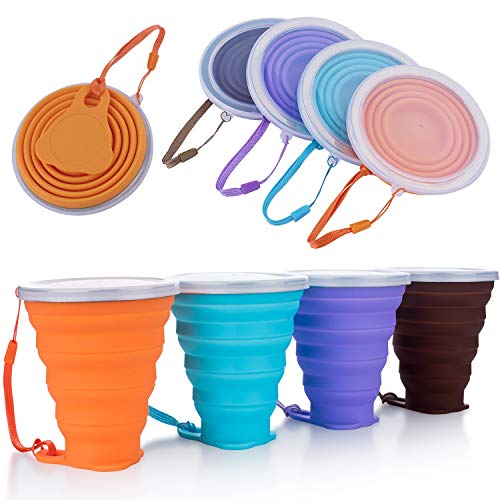 DeHub Copas de Silicona Plegables, Taza de Viaje Plegable de Silicona,FDA y BPA Gratis Capacidad más Grande 270ML Tazas de Beber Plegables,4piezas (Naranja, Azul, Púrpura, Café, 4piezas)