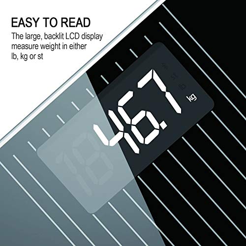 Deik Báscula Baño, Báscula Electrónica de Alta Precisión con Plataforma Transparente y Pantalla LCD Retroiluminada, 180 kg / 400lb, Incluida Cinta Métrica y 2 Baterías AAA, Negro