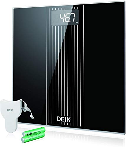 Deik Báscula Baño, Báscula Electrónica de Alta Precisión con Plataforma Transparente y Pantalla LCD Retroiluminada, 180 kg / 400lb, Incluida Cinta Métrica y 2 Baterías AAA, Negro