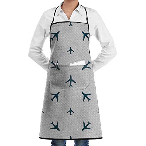 Delantal de Cocina, Camarero o Servidor, 1 Bolsillos, Negro, Cocina de Cocina, Manualidades, Delantal de Cocina con Rayas diagonales con Iconos de Viaje Azules