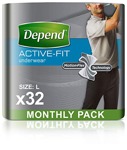 Depend Active Fit - Pantalones de Incontinencia para Hombres, Absorbencia Máxima, L, 32 Pantalones