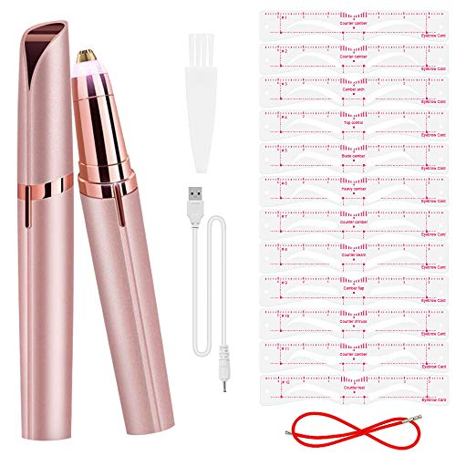 Depiladora de Cejas Mujer, Eléctrica Ceja Recortador Sin Dolor USB Recargable con LED para Facial Vello Nariz/Orejas Eyebrow Trimmer, 12 Estilos Plantilla De La Ceja Tarjeta de Dibujo de Ceja
