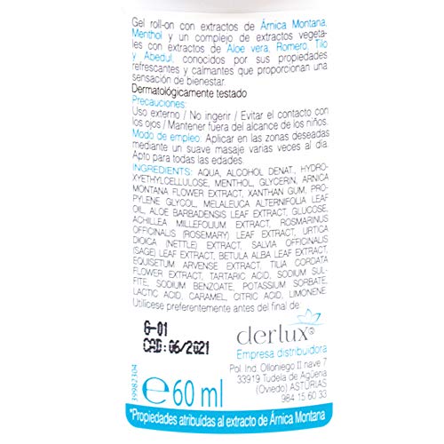 DERLUX - Rescue Bio-Gel Arnica & Aloe Vera. Dosificador mediante Roll-on anti dolor de 60 ml.