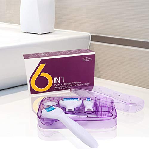 Derma Roller,Aiglam 6 en 1 Dermaroller de Titanio 0.25/0.5/1mm por Ojos, Cara, Cuerpo, Antimanchas, Anti-Edad, Antiarrugas (Blanco)