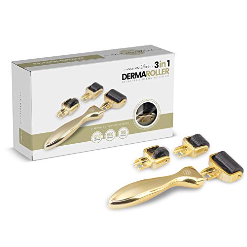 Dermaroller Titanio 3 en 1 Eco Masters - 3 Rodillos de Titanio Para Ojos, Cara y Cuerpo - Reduce Imperfecciones, Arrugas, Acné, Estrías y Cicatrices - Micro agujas 0.5 mm, Ideal Para Poros Dilatados