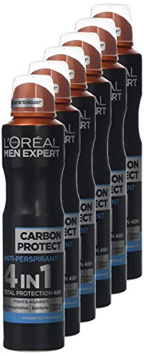 Desodorante antitranspirante L'Oréal Men Expert Carbon Protect 48 horas para hombre, 250 ml, 6 unidades
