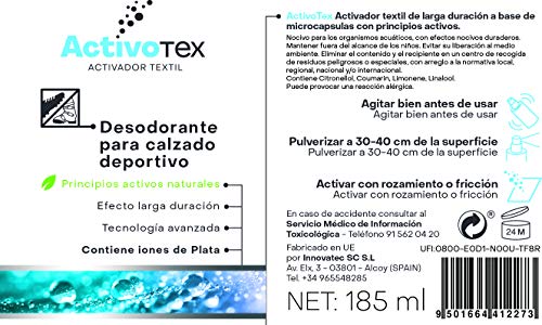 Desodorante calzado deportivo, zapatos, zapatillas, botas | Spray eliminador de olores para ropa y tejido | ACTIVOTEX (185 ml)