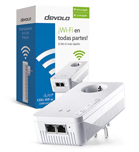 devolo dLAN 1200+ WiFi ac (1200 Mbit/s WLAN ac, 2,4 y 5 GHz a la vez, 2 puertos LAN, 1 adaptador Powerline, ideal para juegos online y streaming en alta definición, adaptador de red PLC, WiFi Move) color blanco