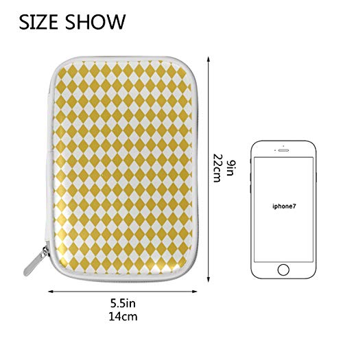 DEZIRO - Bolsa de maquillaje para viaje, bolsa de cosméticos con diseño de arlequín y mostaza, color blanco hueso para mujeres y niñas, bolsa portátil con organizador de brochas