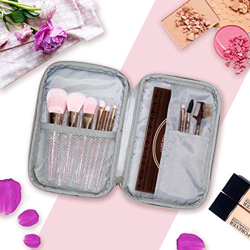 DEZIRO - Bolsa de maquillaje para viaje, bolsa de cosméticos con diseño de arlequín y mostaza, color blanco hueso para mujeres y niñas, bolsa portátil con organizador de brochas