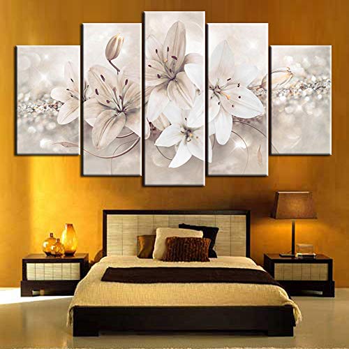 DGGDVP Imágenes de Lienzo de Estilo Chino 5 Piezas de Pintura de póster Abstracto Dental Impresiones de Pinturas de orquídeas Pinturas sobre Lienzo Tamaño de Pared 2 Marco