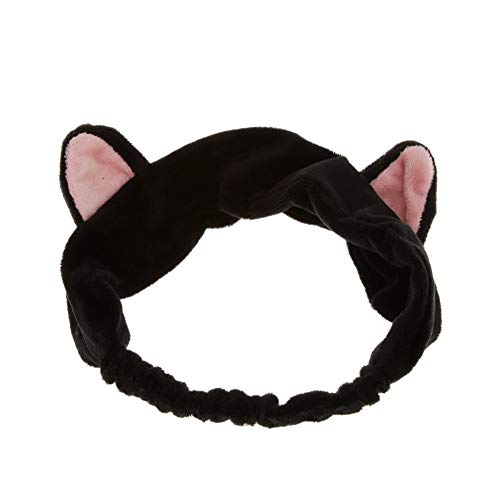 Diadema elástica para mujer con orejas de gato para el lavado de rostro, maquillaje, correr, deporte, color negro