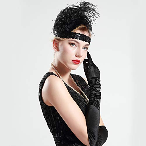 Diadema negra con lentejuelas y pluma de los años 20 estilo flapper BABEYOND