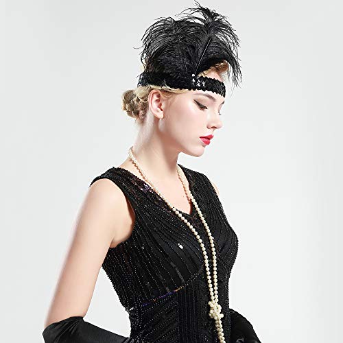 Diadema negra con lentejuelas y pluma de los años 20 estilo flapper BABEYOND