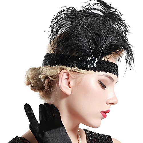 Diadema negra con lentejuelas y pluma de los años 20 estilo flapper BABEYOND