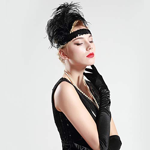 Diadema negra con lentejuelas y pluma de los años 20 estilo flapper BABEYOND