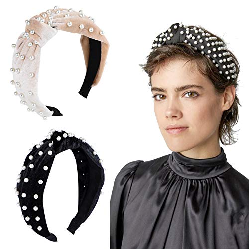 Diademas de Perlas de Terciopelo Diademas de Pelo Anchas Diademas Nudo Vintage Diadema Para Mujer Chica y Niña Moda Accesorios (2Pcs Beige + Negro)